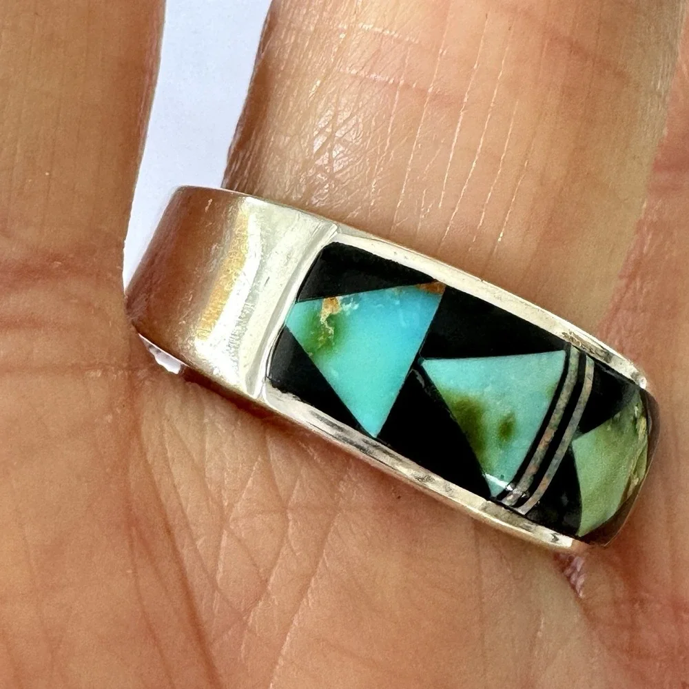 Navajo Turquoise Wedding Band Inlay Opal Multi Stone Ring Sz 11 9mm Men Unsigned